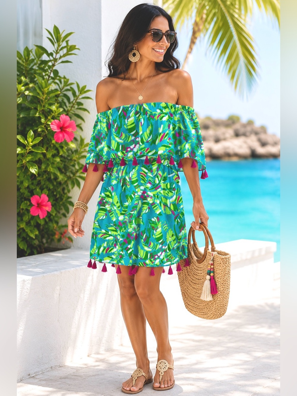 Escapada Living Off Shoulder Tropical Tassel Dress Large 100% Rayon Resort